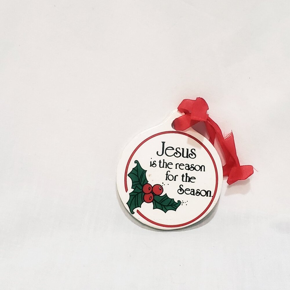 Jesus is the Reason for the Season Circle Ornament Ceramic 2" White Green Red